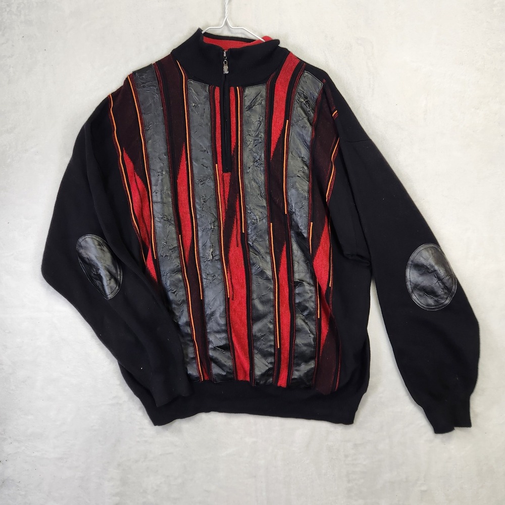 Inserch Mens XL Quarter Zip Sweater Black Red Striped Faux Leather Elbow Patches
